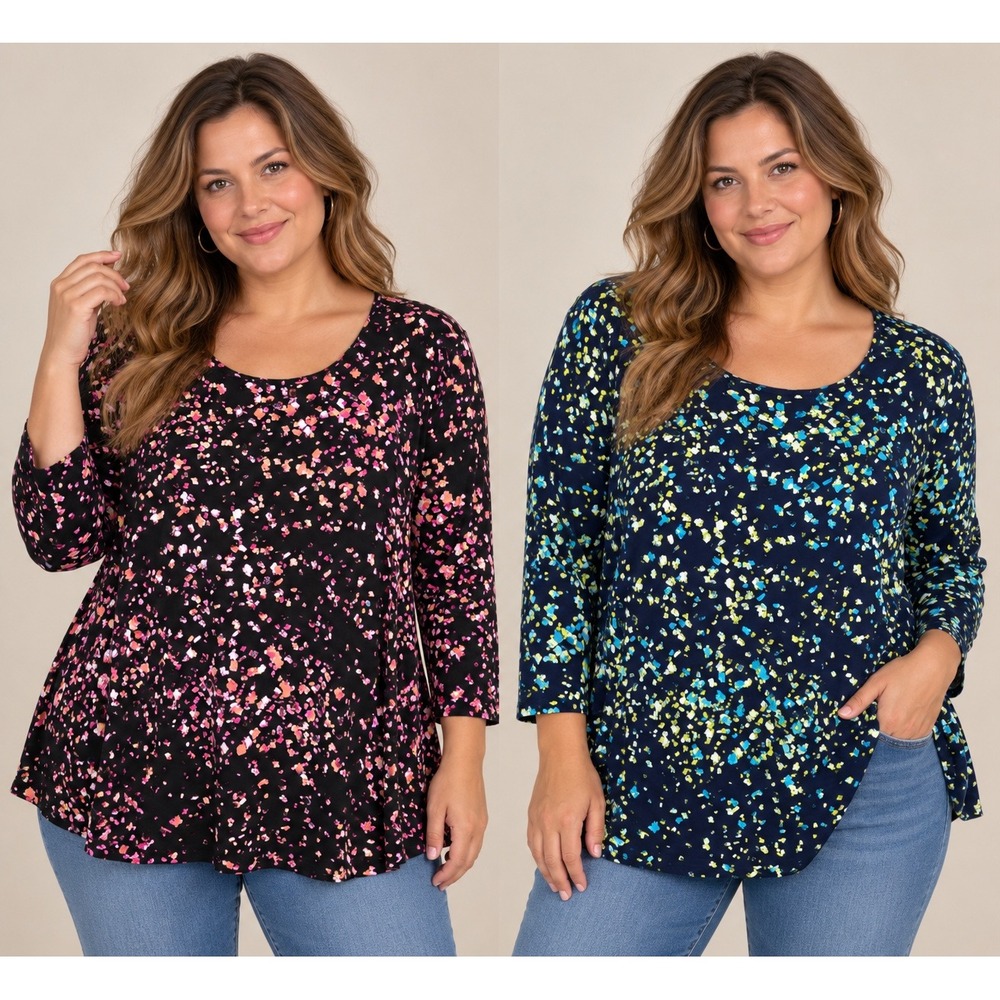 Susan Graver Tunic Tops Women 1X Multi Color Abstract Liquid Knit Stretchy Plus